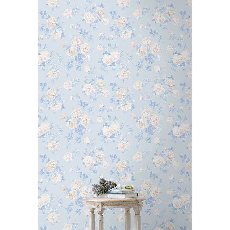 LoveShackFancy NuWallpaper Everblooming Rosettes Whisper Blue Cabbage Rose Bouquets Peel and Stick Wallpaper
