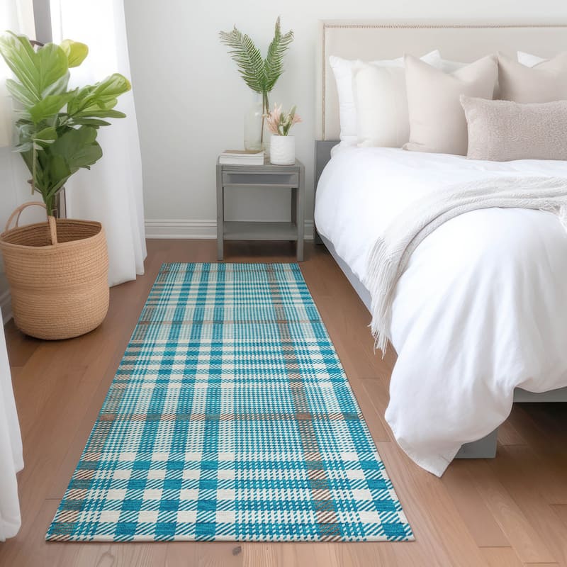 Machine Washable Indoor/ Outdoor Plaid Chantille Rug - Teal - 2'3" x 7'6"
