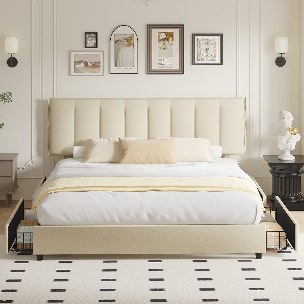 VECELO Bed Frame with 4 Storage Drawers, Upholstered Platform Bed Frame with Adjustable Headboard