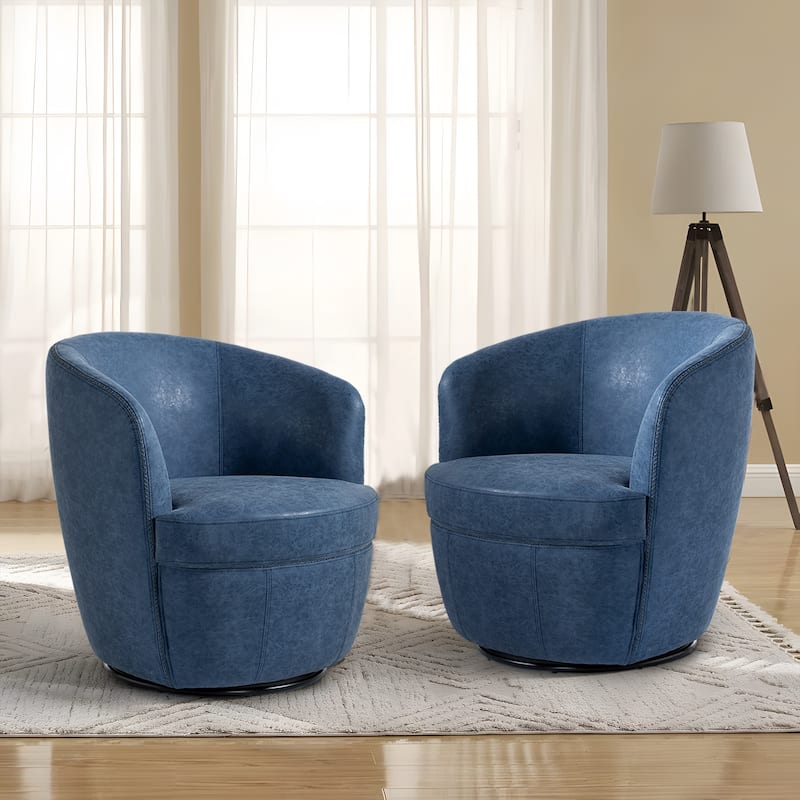 2 Set Faux Leather Club Swivel Barrel Accent Chair - Navy