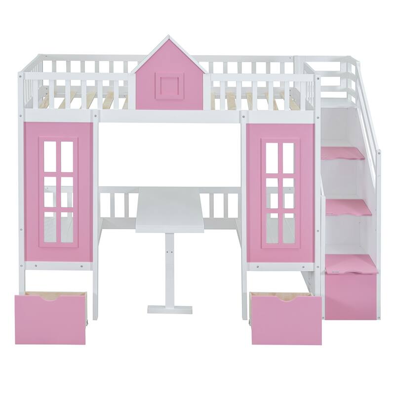 Convertible Twin-Over-Twin Bunk Bed with Desk, Pink