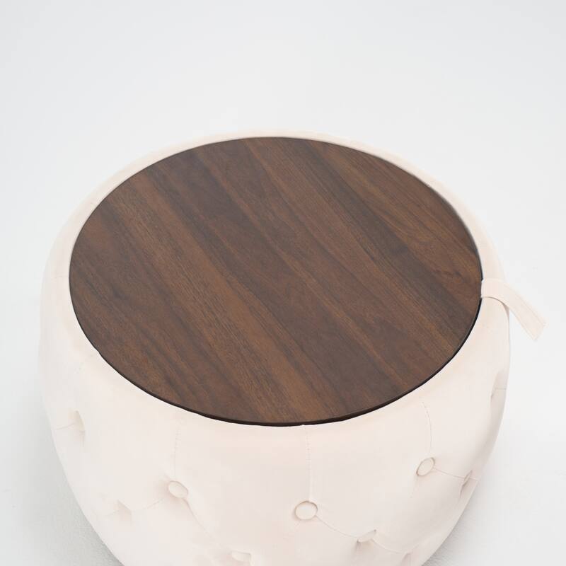 Luxurious Nesting Ottomans of 2, Round Storage Foot Stool with Wood Tray