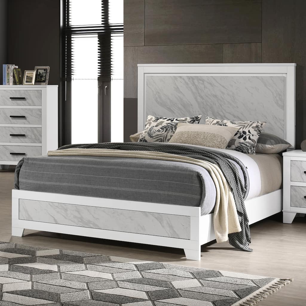 Furniture of America Loris Modern White Kids Panel Bed with Faux Marble Headboard