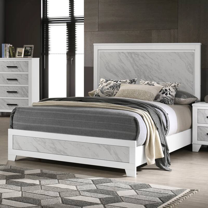 Furniture of America Loris Modern White Kids Panel Bed with Faux Marble Headboard - Full