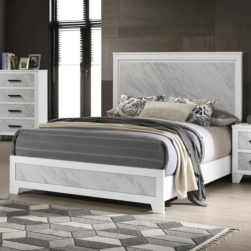Furniture of America Loris Modern White Panel Bed with Faux Marble Headboard - Queen