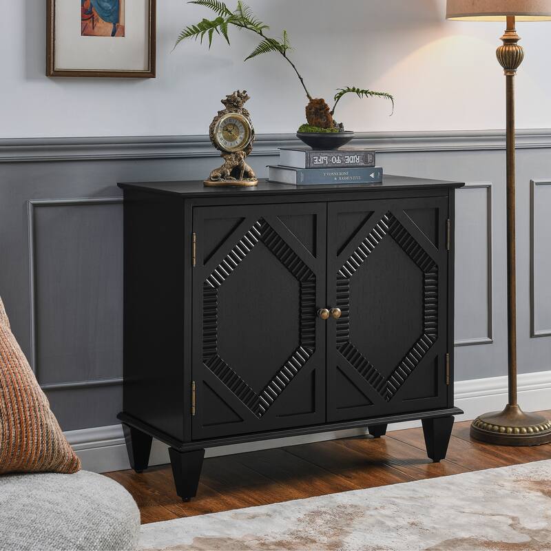 33.6" Retro Wooden Sideboard Buffet Cabinet with Storage, Symmetrical Geometric Accent Display Cabinets, Media Console Credenza