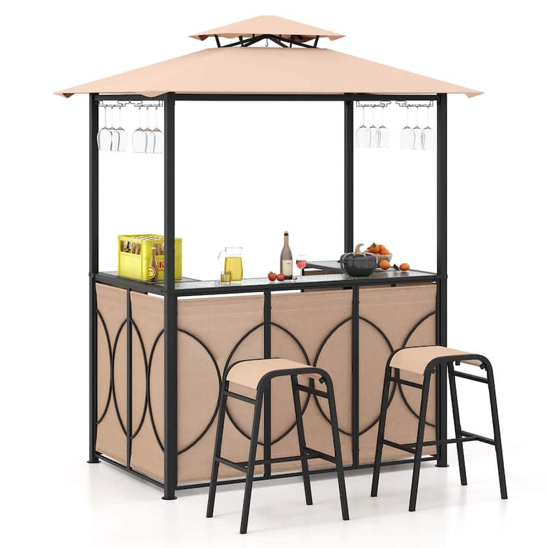 3-Piece Patio Bar Set w/ 2 Stools & Metal Storage BBQ Gazebo Shelter - Brown