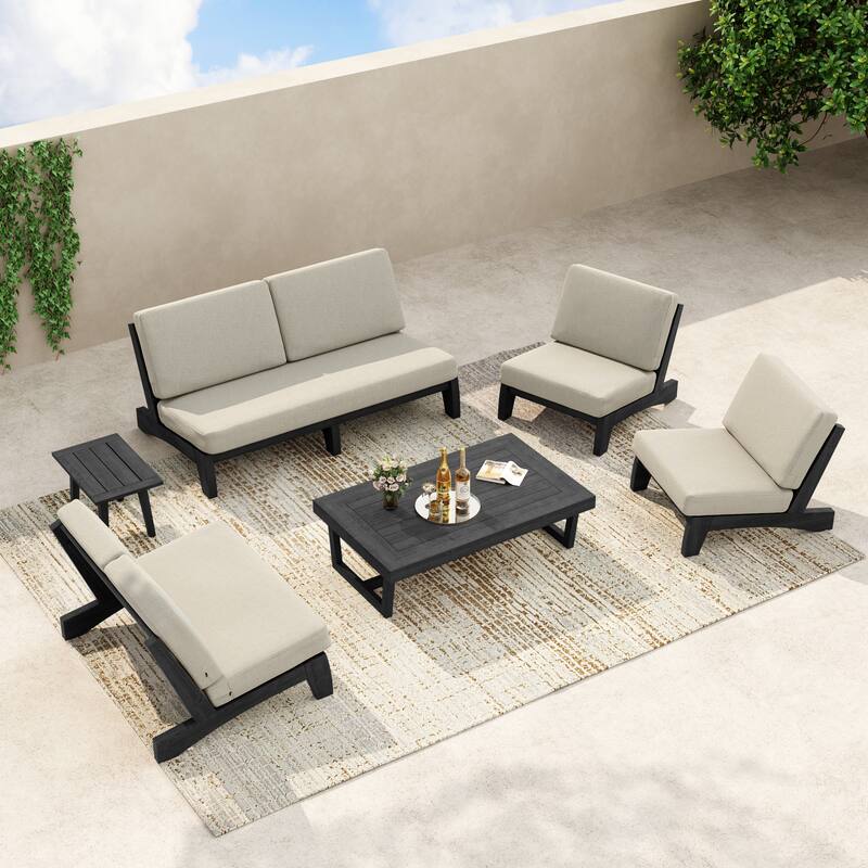 8-Piece Outdoor Sofa Set with Loveseat, 2 Club Chairs & Matching Tables - Light Camel/Black Wood - Separate cushion