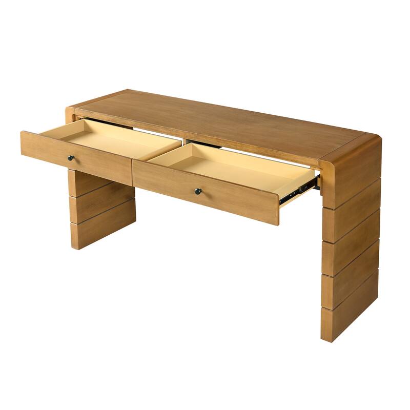 Anmytek Farmhouse Rustic Curved Wooden Storage Console Table with 2 Drawers for Entryway Hallway Living Room Natural