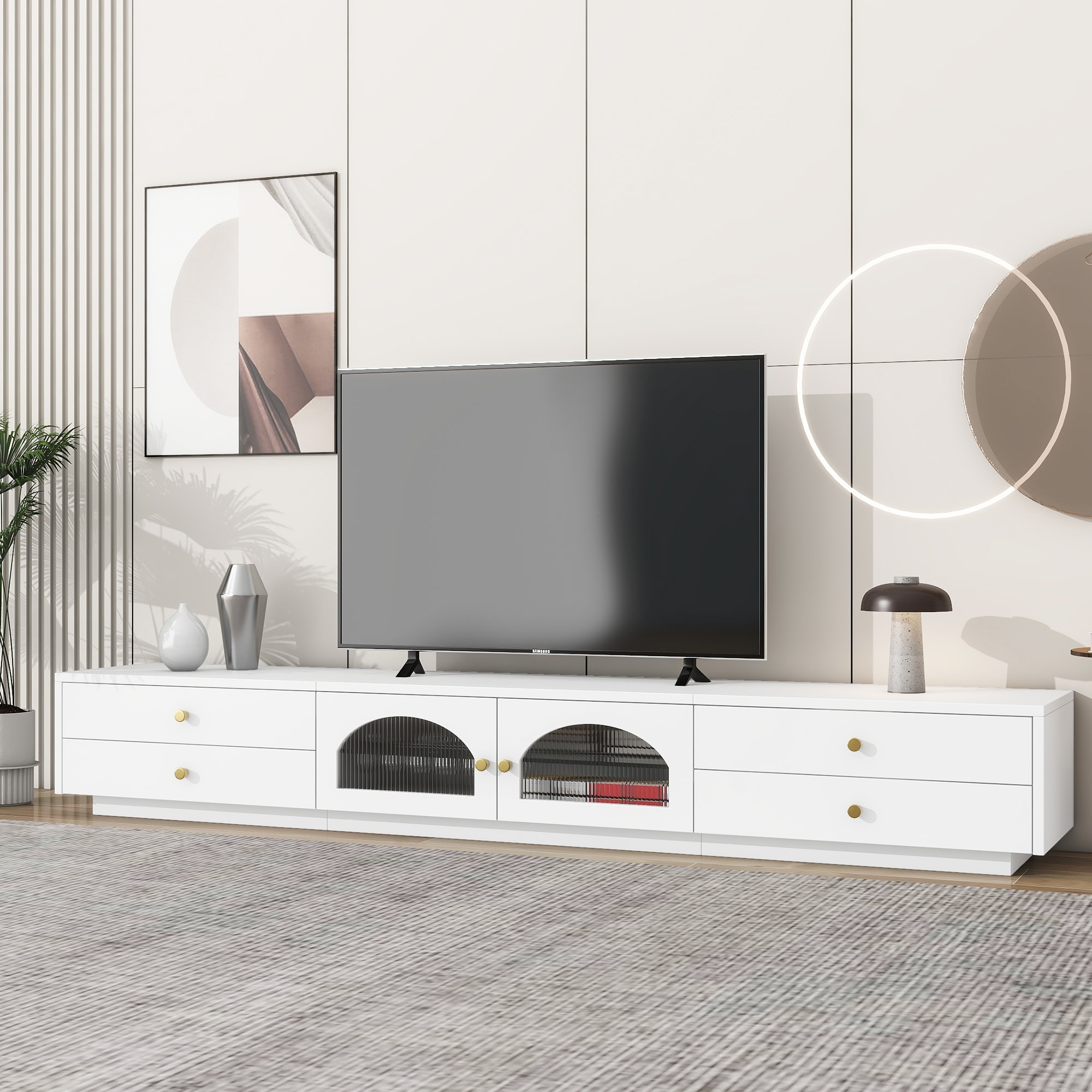 Modern Luxurious TV Stand, for TVs Up to 95'' with Fluted Glass Doors 2 Drawers and Tempered Glass Shelf, for Living Room, White
