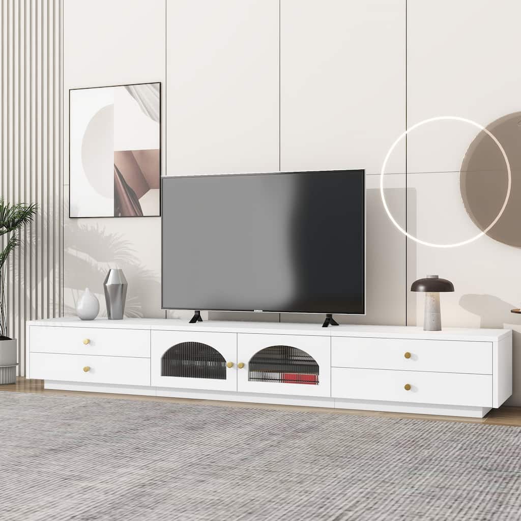 White 86.6" TV Stand with Fluted Glass Doors and Multiple Storage Options for TVs Up to 95"