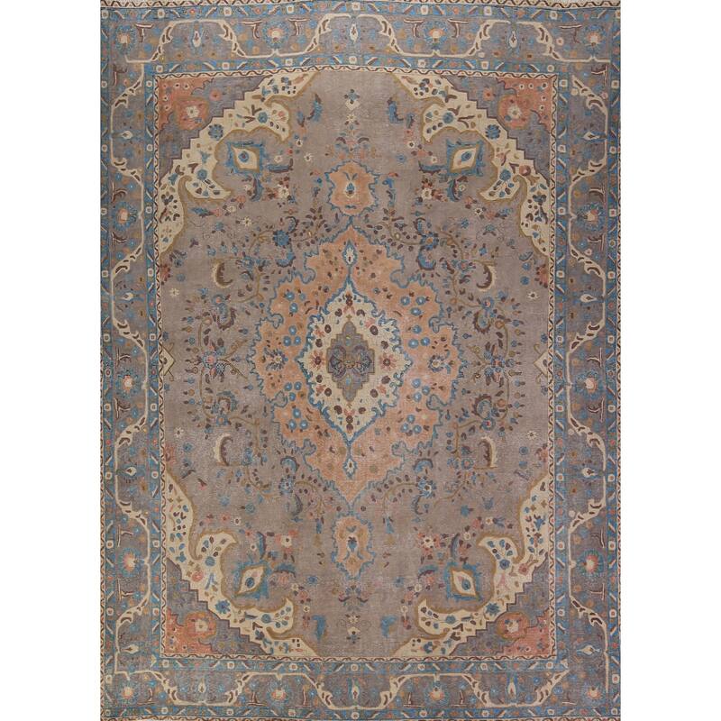 Overdyed Gray Tabriz Persian Vintage Area Rug Handmade Wool Carpet - 9'8" x 12'7"