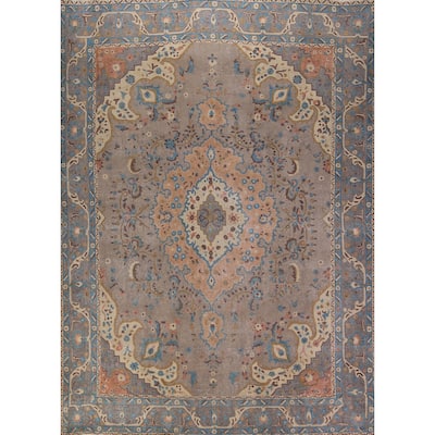 Overdyed Gray Tabriz Persian Vintage Area Rug Handmade Wool Carpet - 9'8" x 12'7"