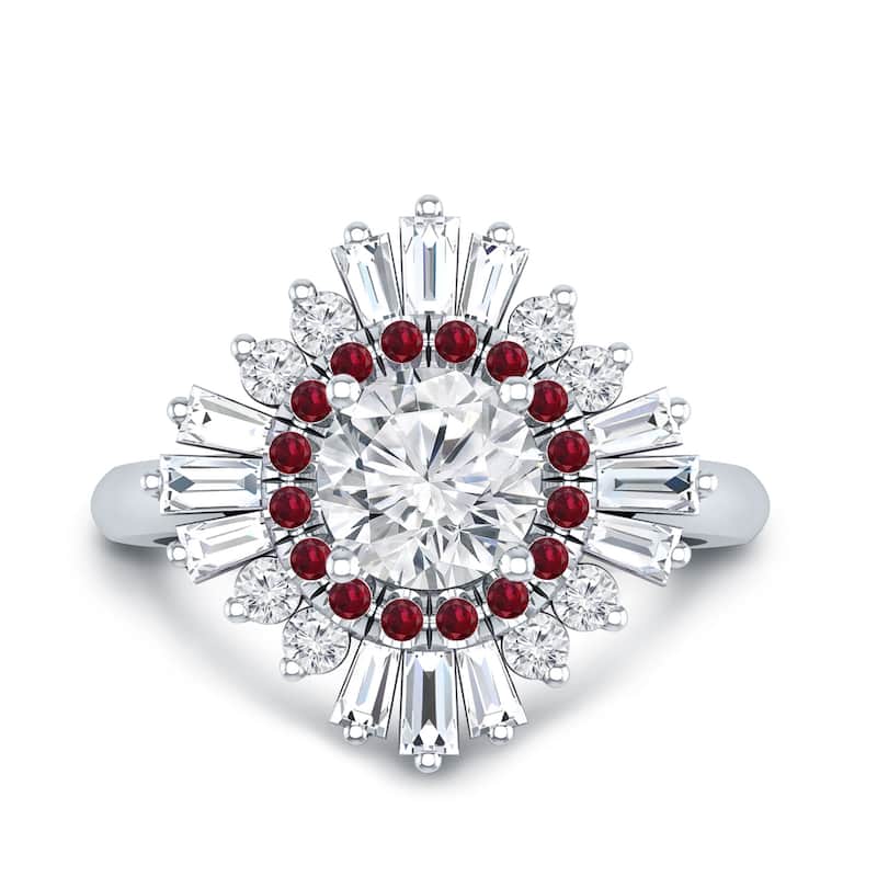Auriya Vintage Ballerina 3/4ct Moissanite and Red Ruby & Halo Diamond Engagement Ring 14k Gold