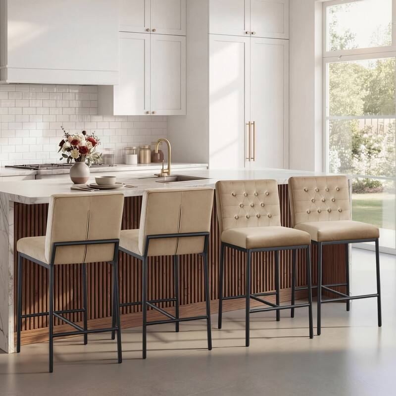 Spruce & Spring Velvet Tufted Counter Bar Stool with Metal Frame - Set of 4 - Khaki