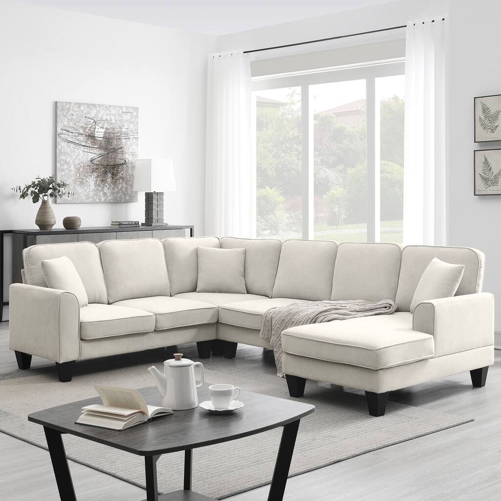 Beige 108" Modern U-Shaped 7-Seater Sofa Set with 3 Accent Pillows and Chaise for Living Room Enjoyment