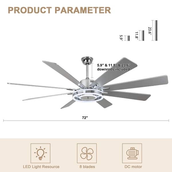 dimension image slide 0 of 6, Bella Depot 72" Modern Large Ceiling Fan 6-speed Reversible with Dimmable Light and Remote for Family Room