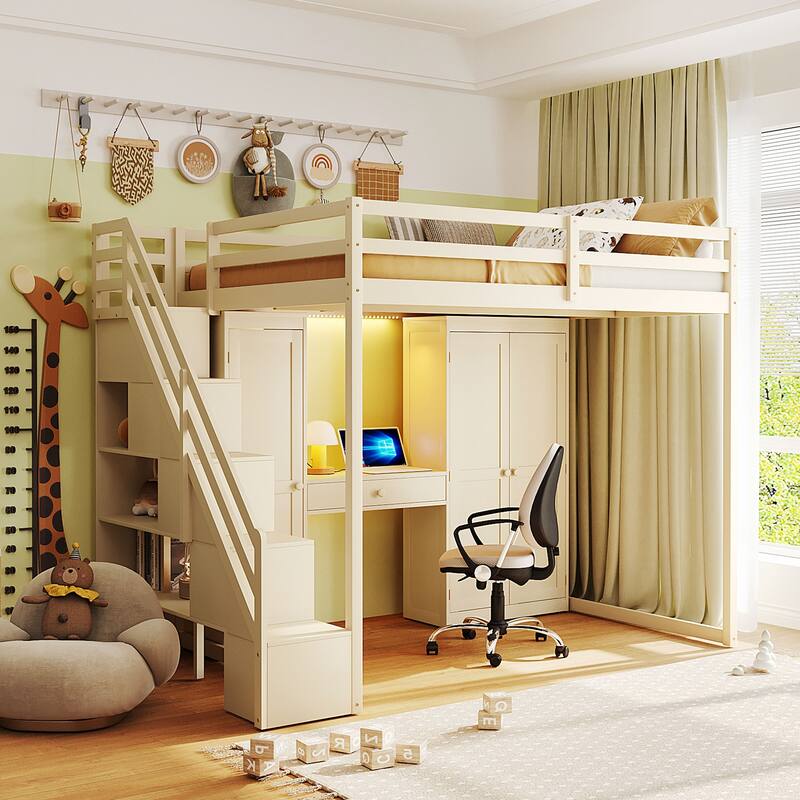 Full Size Loft Bed with Storage Staircase, Built-In Dressing Table, USB Ports & Lights by Harper&Bright Designs