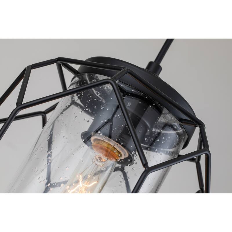 Black 1-Light Cage Pendant with Seedy Glass Shade