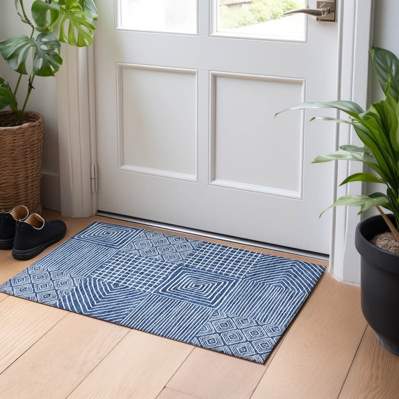 Machine Washable Indoor/ Outdoor Modern Mosaic Chantille Rug - Navy - 1'8" x 2'6"
