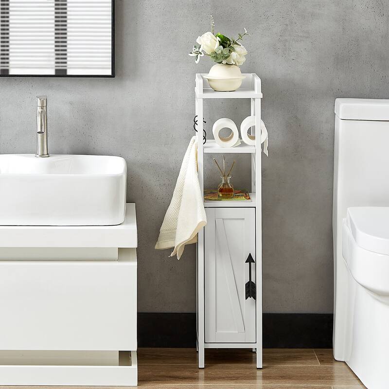 VECELO Slim Bathroom Floor Cabinet with Shutter Door 3-Tier Storage Shelf with Hooks Freestanding Cabinet for Bedroom, Entryway