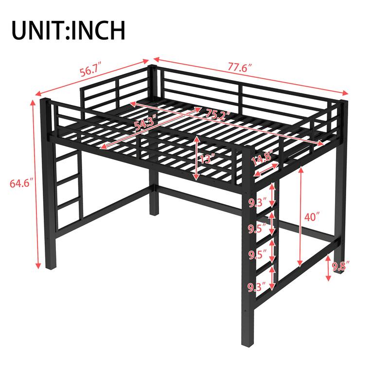 Full Size Metal Loft Bed, Loft Bed with Easy Climbing Ladder and Guardrails , Black