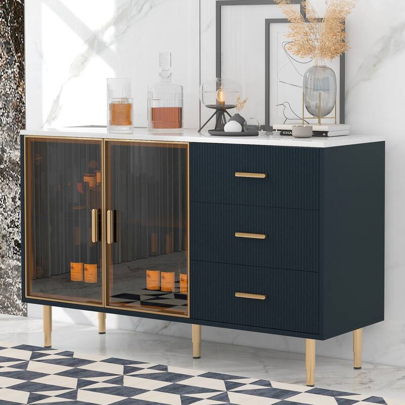 Anmytek Navy Blue Modern Sideboard Buffet Cabinet with Marble Tabletop, Amber Glass Doors and Gold Legs for Living Room - Navy Blue