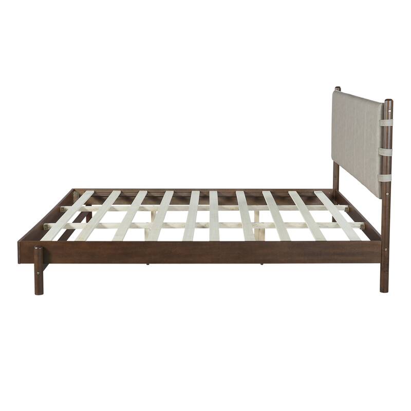 Low-Profile Platform Bed Frame with Upholstered Panel Headboard Wood Slat Supports and Center Support Legs for Bedroom Apartment
