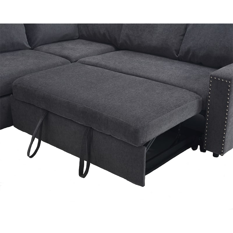 L Shaped Chenille Fabric Pull-out Sofa Bed, Corner Sofa with Pillows
