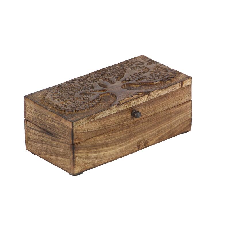 Mango Wood Floral Handmade Decorative Box with Hinged Lid - Set of 3 Brown - Roche River Decor