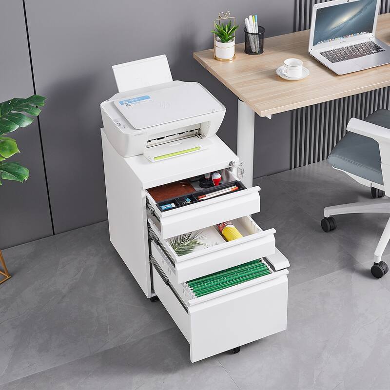 GDFStudio - Morgan 3-Drawer Mobile Metal Filing Cabinet with Lock