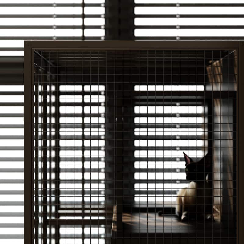 Black Large Cat Cabinet Pet Showcase Entertainment Space: Multi-functional Layout with Scratching Post, Space for Multiple Cats