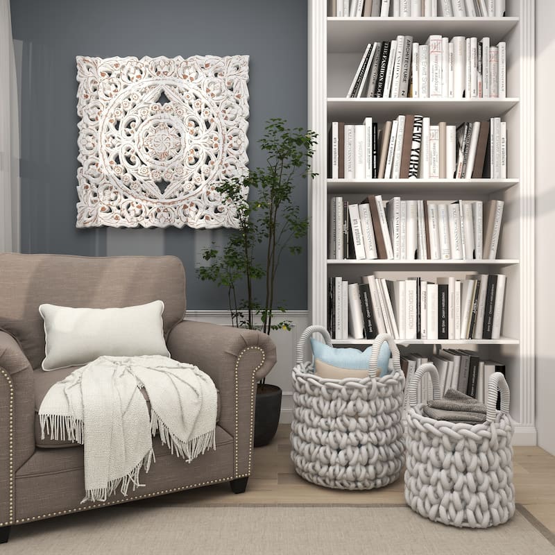 White Wooden Handmade Intricately Carved Floral Home Wall Decor with Mandala Design