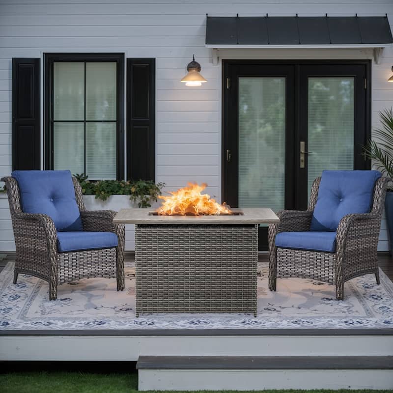 Outdoor Fire Pit Table with Patio Rattan Chair - Grey - Blue - Grey