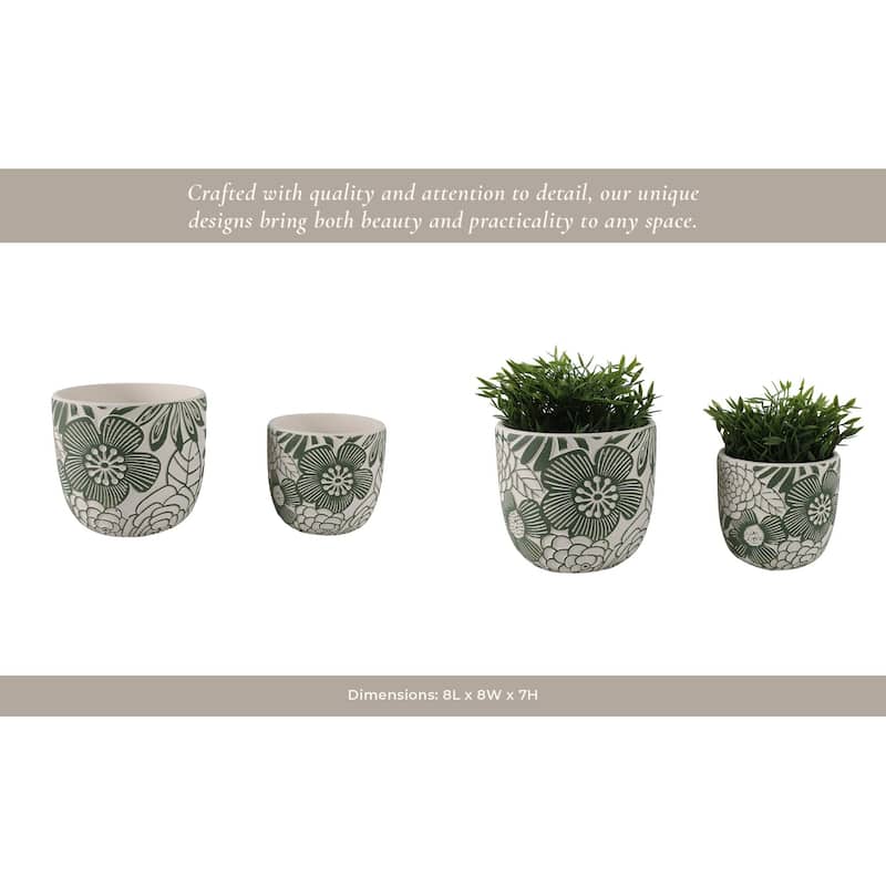 Pottery Planters Floral Carved Design (Set of 2) - 7", 6" White, Green - 8" x 8" x 7"