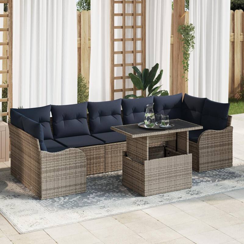 vidaXL 8/9 Garden Sofa Set with Cushions Black/Brown/Grey Poly Rattan - 113.8 x 48.2 x 27.2 - Grey Large