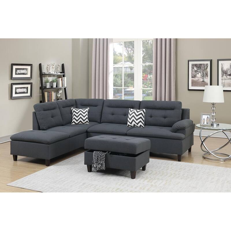 Bobkona Zane Linen 3-piece Sectional Set with Cocktail Ottoman