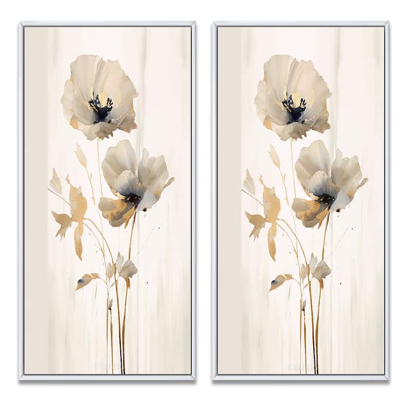 Designart "Vibrant Poppies" Floral Framed Wall Art Set Of 2 - White Wall Art Set Of 2