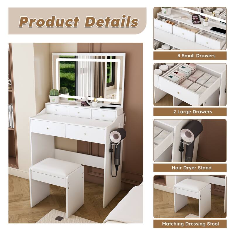 Large Mirror Vanity Desk for Bedroom, Modern Makeup Vanity with Power Outlet and Hair Dryer Holder, Dressing Table & Stool Set