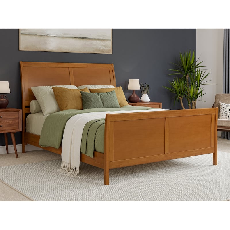 Valencia Solid Wood Low Profile Sleigh Platform Bed with Matching Footboard - Light Toffee - Queen