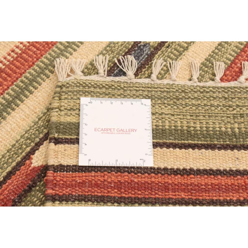 ECARPETGALLERY Flat-weave Bold and Colorful Cream, Olive Wool Kilim - 2'0 x 3'0