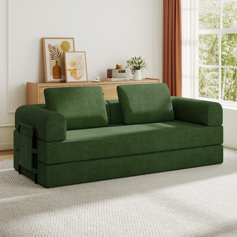 Convertible Sleeper Sofa Bed, Corduroy Folding Sleeper Couch with Pillow, Boneless Couch for Living Room, Floor Lounge Sofa - Green