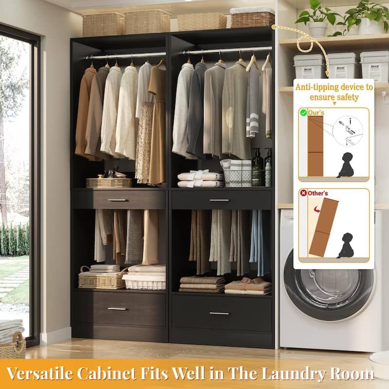 Qvella 23.6'' W Closet System with Hanging Rods and Wooden Drawers, Modular Walk-In Closet Organizer with Pants Rack