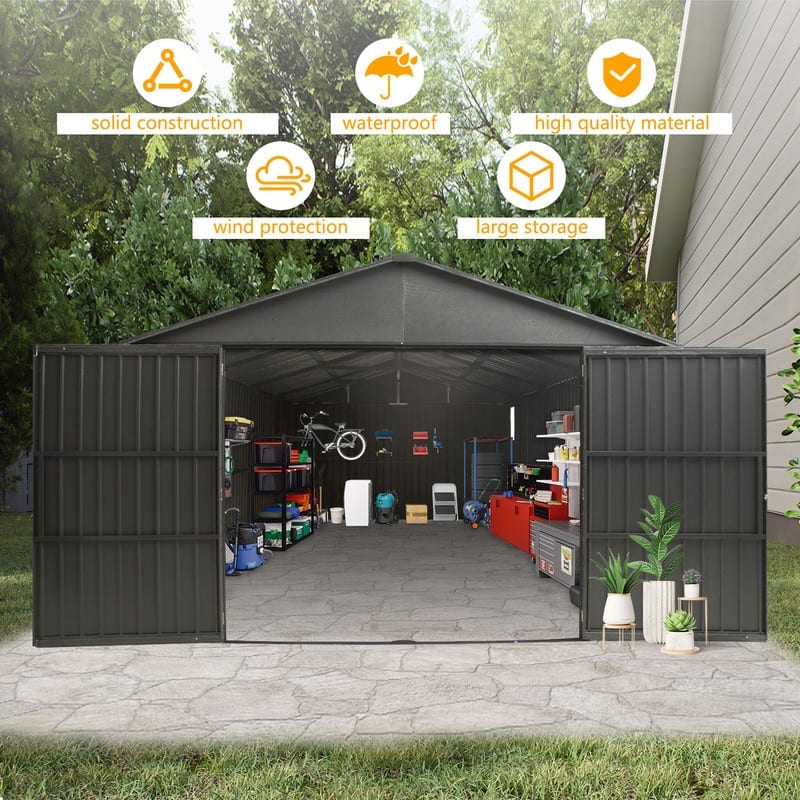Domi 12x15FT Outdoor Metal Garage Shed,Extra Large Metal Carport with Lockable Double Doors,Heavy Duty Car Shelter,Dark Grey