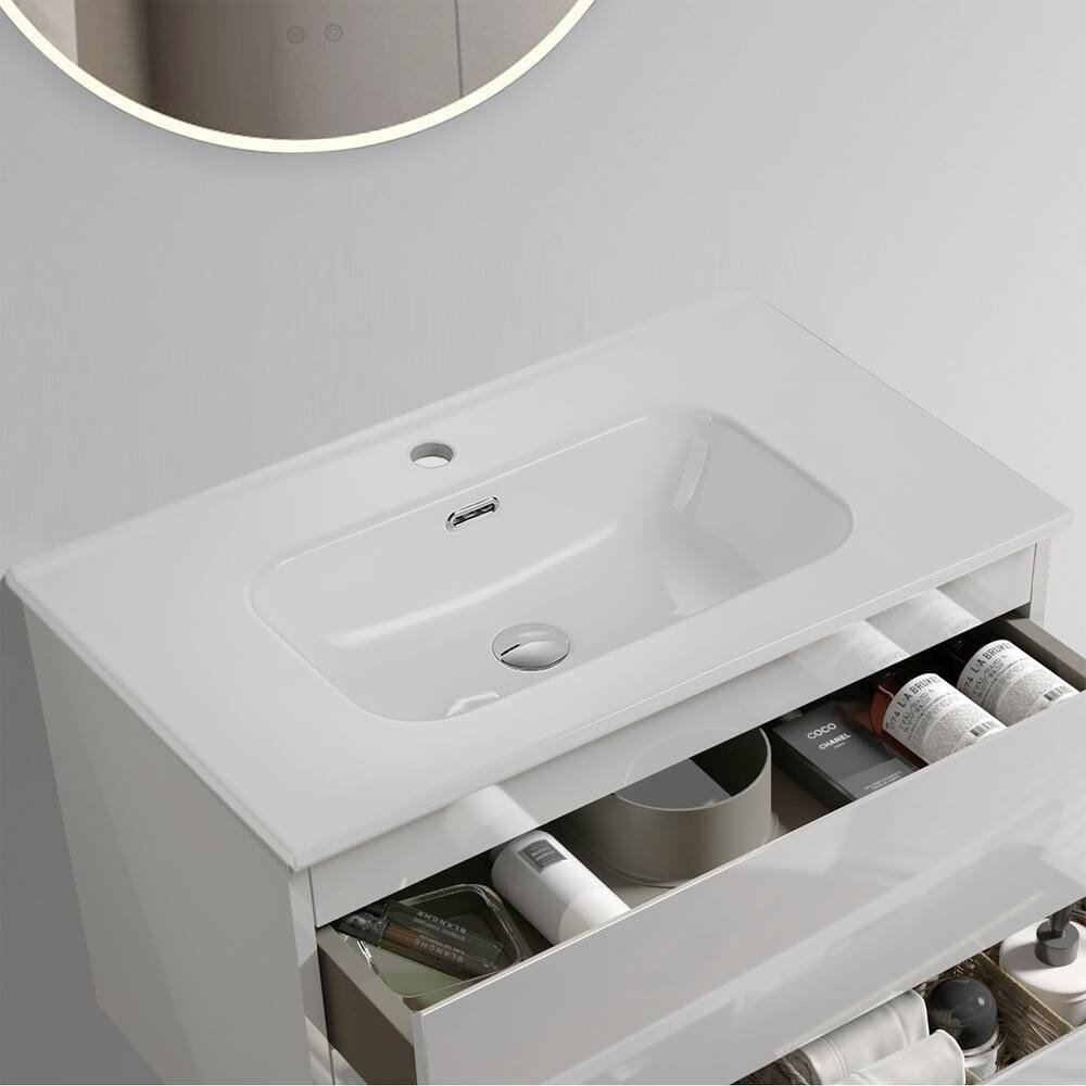 GDFStudio - Modern Sleek Rounded Edges Integrated Ceramic Basin with Glossy Finish, Drain Not Included
