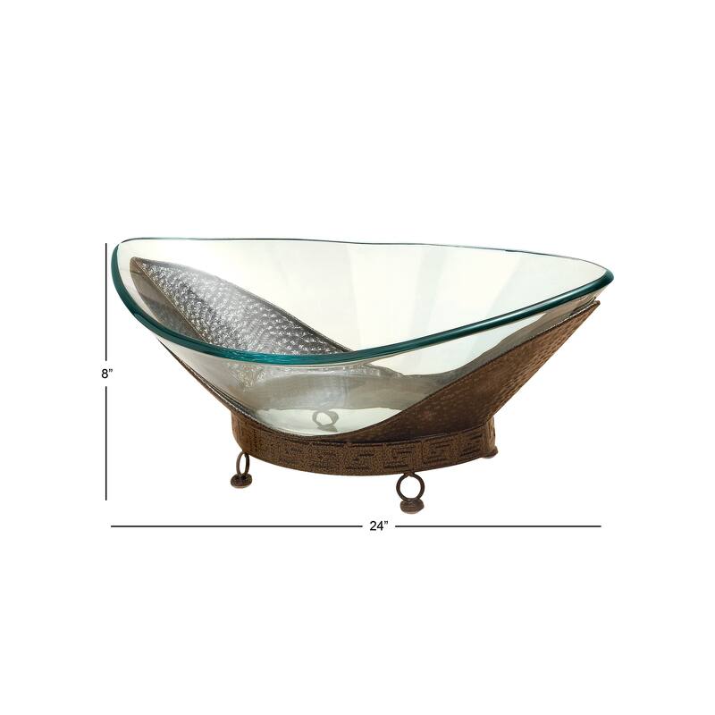 Tempered Glass Kitchen Serving Bowl with Brown Metal Base - Clear - Roche River Decor