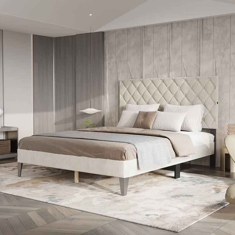 Heavy Duty Queen Upholstered Bed with 2 USB Ports,380GSM Headboard,TB117 Safe,Off-white