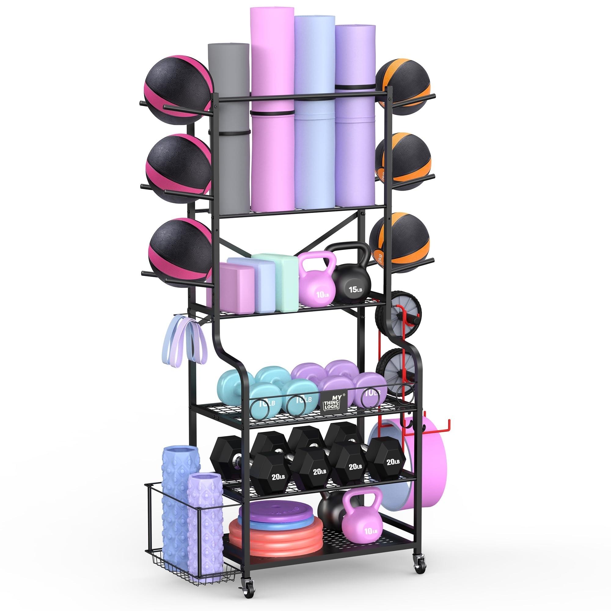 Home Gym Storage Rack with Hooks and Wheels - 15.7"D x 41.5"W x 62.2"H