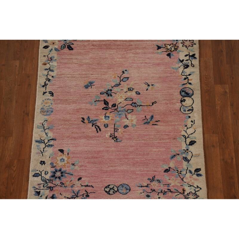Pink Floral Oushak Vegetable Dye Runner Rug Hand-knotted Wool Carpet - 3'5"x 11'7"