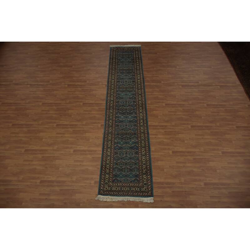 Hand Knotted Oriental 100% Wool Carpet Traditional All-Over Navy Blue & Blues Ziegler Runner Rug - 15' 10'' X 3' 4''